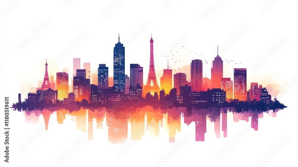 Fototapeta premium Colorful cityscape skyline reflection.