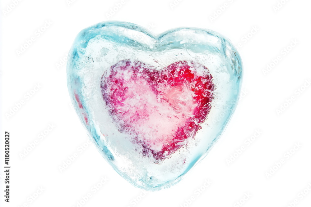 Fototapeta premium Red frozen heart covered with blue ice isolated on white background. 