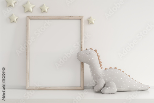 Blank Frame Art Mockup with Stuffed Animal Dinosour