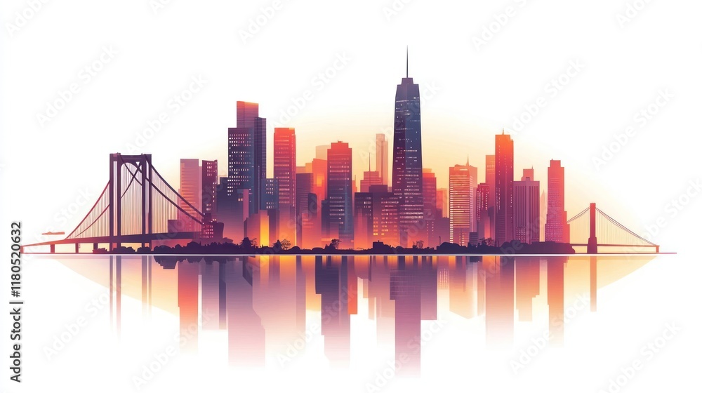 Obraz premium Sunset cityscape with bridge reflection.