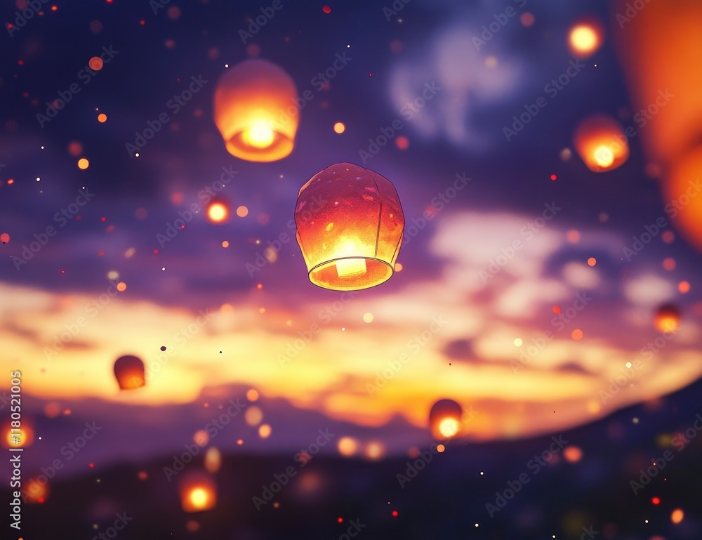 Naklejka premium In the sky, glowing lanterns float gently in an array of colors against the twilight hues. A mesmerizing display with warm lights illuminating the night as they rise into the heavens.