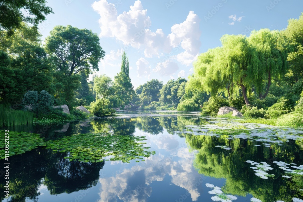 Fototapeta premium Scenic river contrasts between polluted and clean sections in soft natural light
