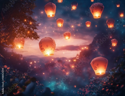 In the sky, glowing lanterns float gently in an array of colors against the twilight hues. A mesmerizing display with warm lights illuminating the night as they rise into the heavens. photo