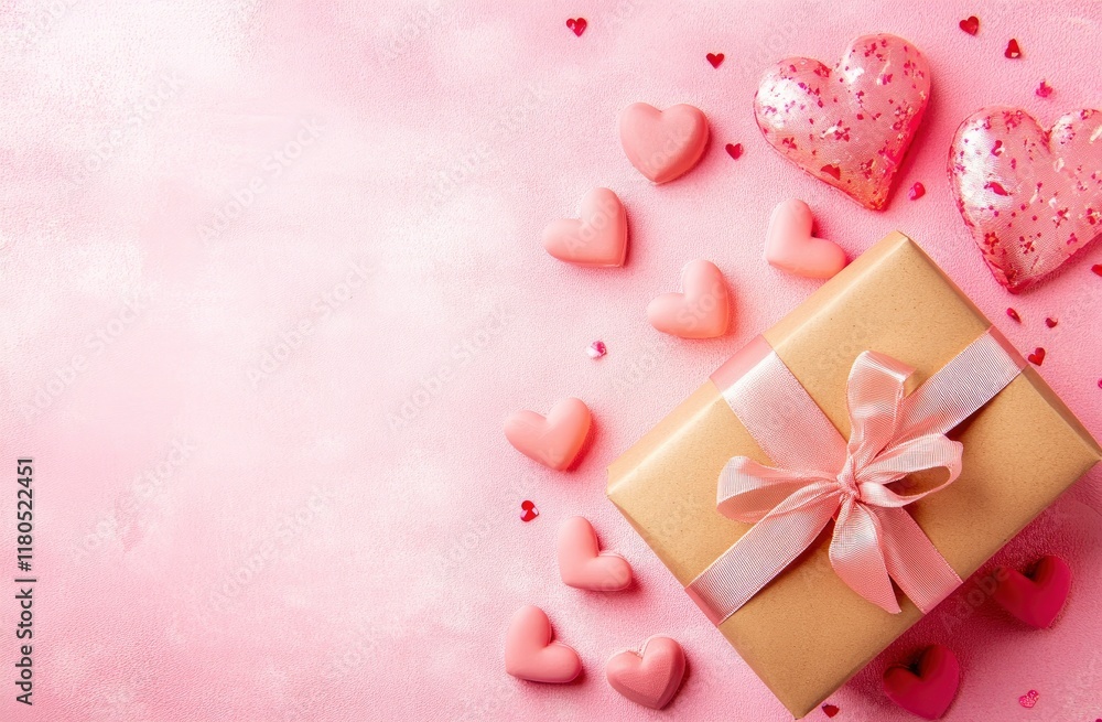Photo of a gift box with ribbon and small hearts on a pink background, top view. Flat lay composition for a Valentine's Day celebration. Space for text in the center. Copy space. High quality. Photo of a gift box with ribbon and small hearts on a pink background, top view. Flat lay composition for a Valentine's Day celebration. Space for text in the center. Copy space. High quality.