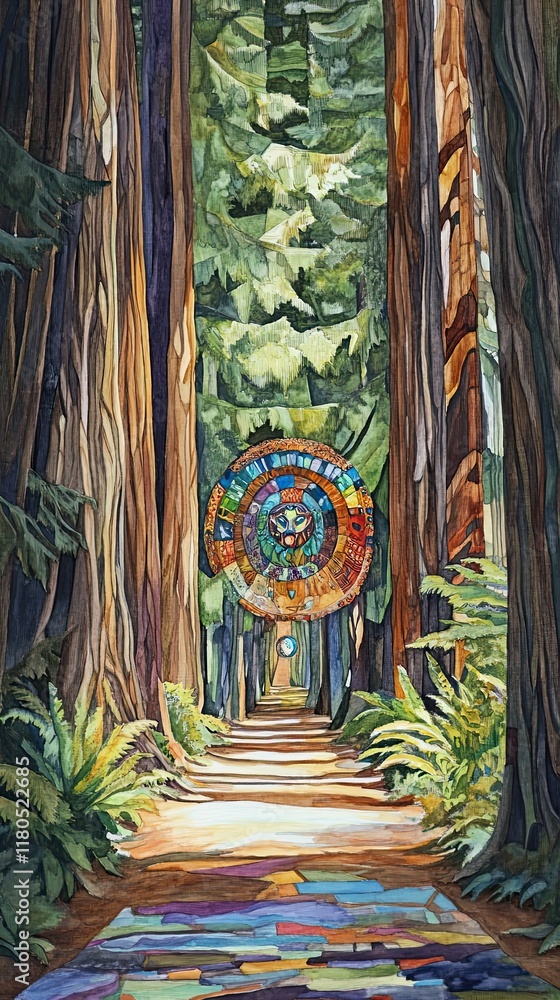 Obraz premium Redwood Forest Path Leads To Colorful Mandala