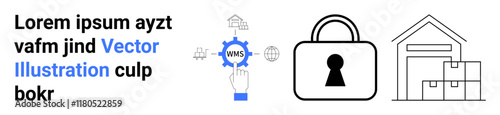Finger touching WMS gear icon, lock symbolizing security, warehouse with boxes, and placeholder text. Ideal for logistics, cybersecurity, warehouse management, technology solutions, inventory