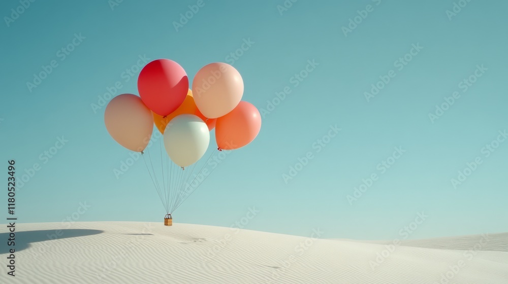 Fototapeta premium A vibrant cluster of colorful balloons floats serenely above golden sand dunes under a clear, blue sky, evoking a sense of whimsy and adventure.