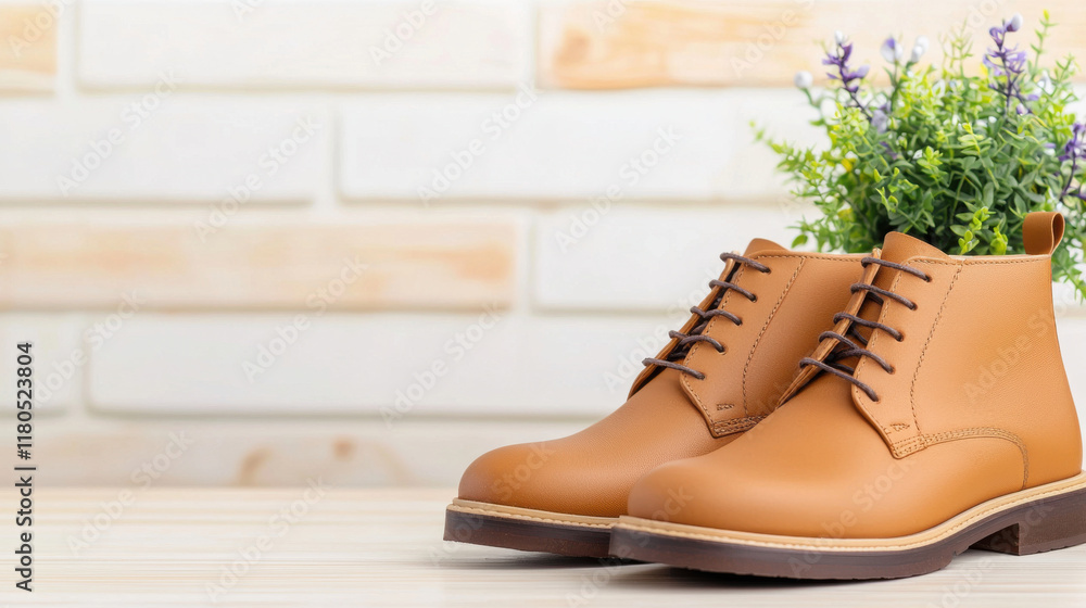 Women shoe cleaning shop concept. Elegant brown leather boots with plant decoration in background Women shoe cleaning shop concept. Elegant brown leather boots with plant decoration in background