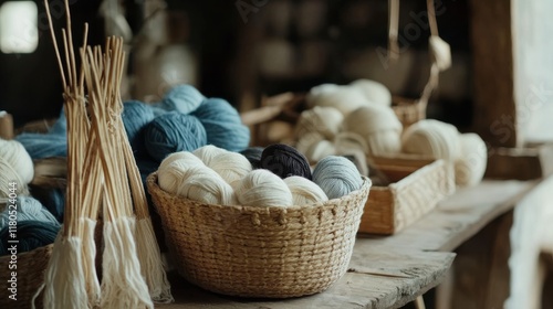 Baskets filled with various shades of yarn lie on a wooden table, surrounded by knitting needles, creating a cozy and creative crafting environment. photo