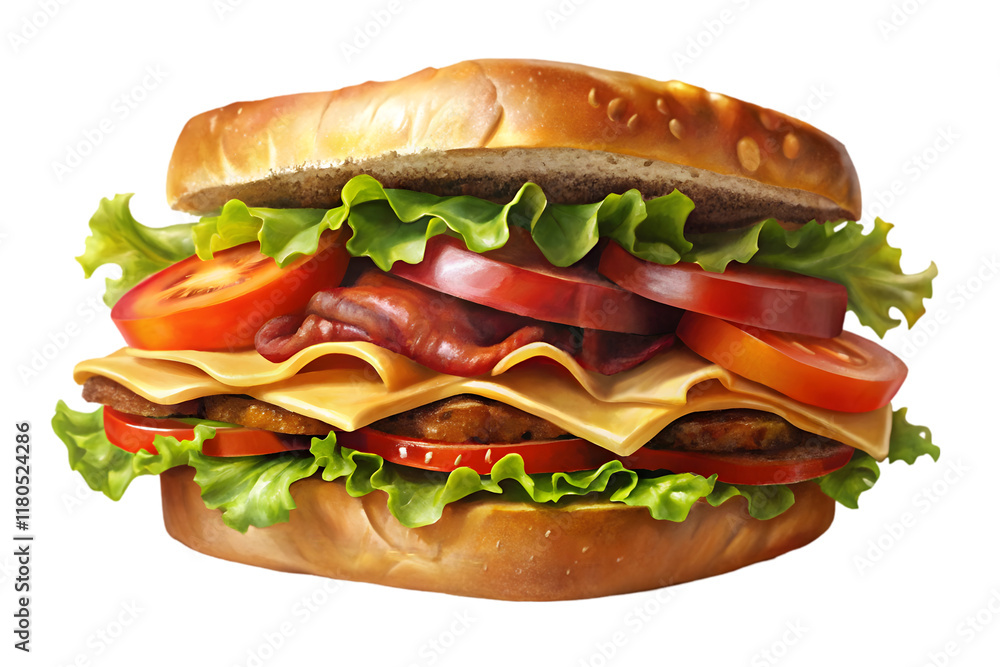 A delicious, towering sandwich filled with layers of lettuce, tomato, cheese, and a juicy patty, all nestled in a sesame seed bun. A delicious, towering sandwich filled with layers of lettuce, tomato, cheese, and a juicy patty, all nestled in a sesame seed bun.