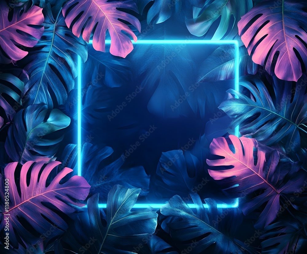 Obraz premium Neon blue rectangular frame on a dark background of palm leaves.