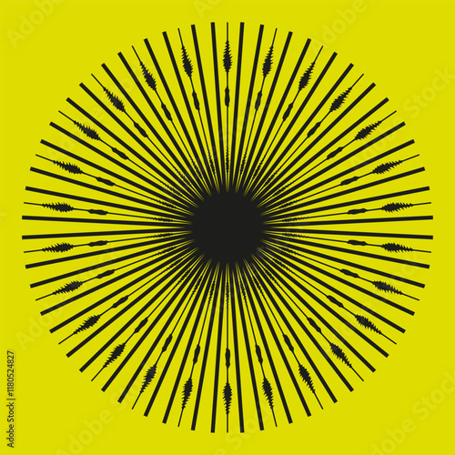 Black circular center. Radiating spiked lines. Yellow background art. Modern abstract shape.