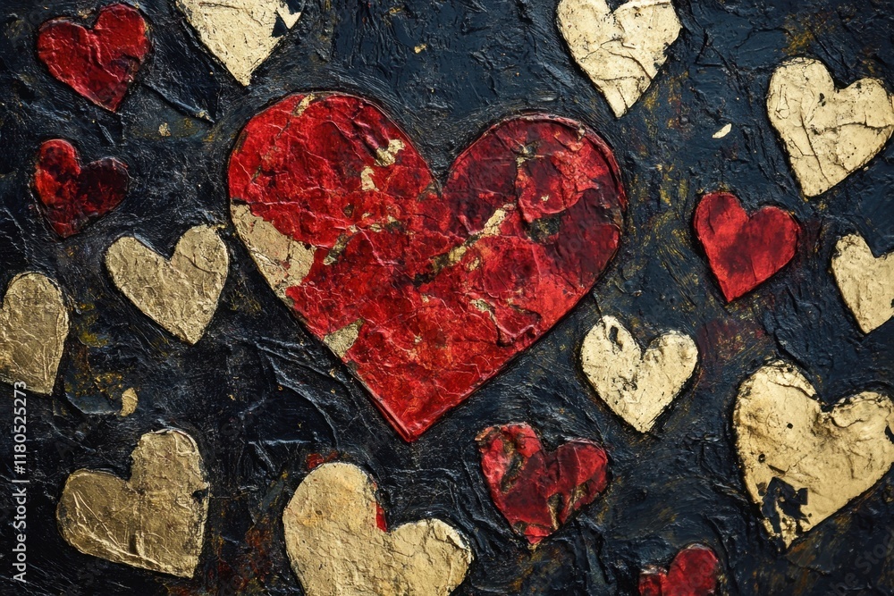 Obraz premium Red and Gold Hearts Abstract Art Painting