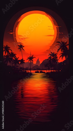 Fototapeta Naklejka Na Ścianę i Meble -  Tropical sunset over calm water, palm trees silhouette, orange sun.