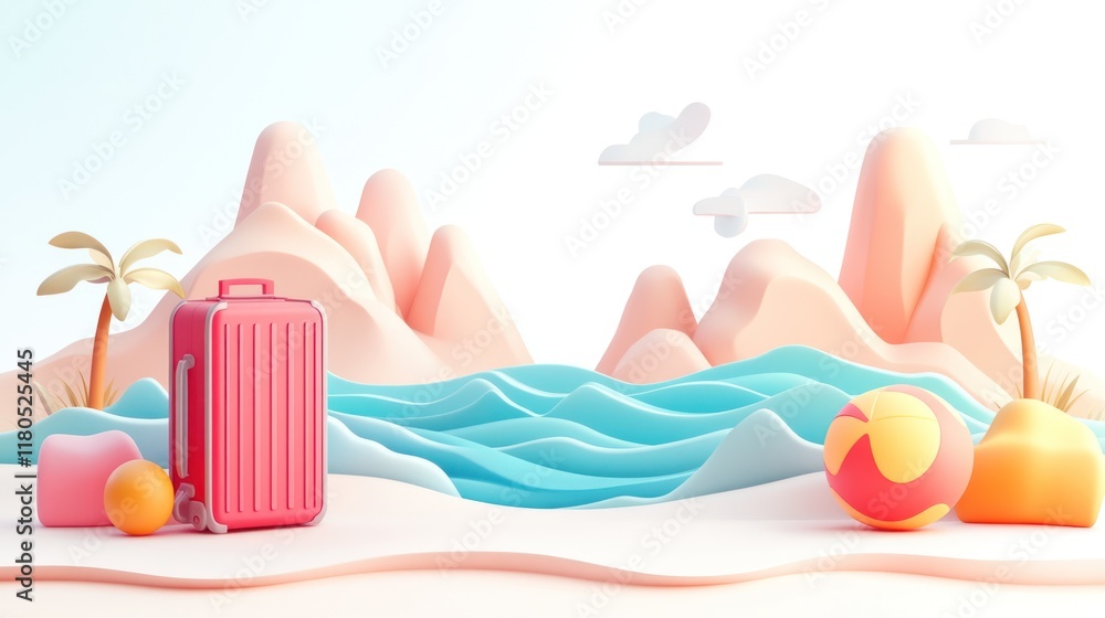Red suitcase on beach with palm trees, mountains, and beach ball. Red suitcase on beach with palm trees, mountains, and beach ball.