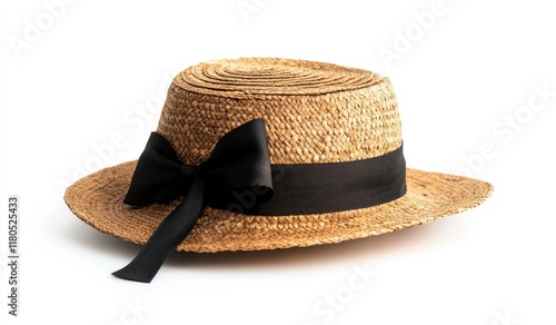 Raffia straw hat with a black ribbon on a white background. Isolated stock photo, contest winner, commercial photography, product shot, studio lighting, wide angle, side view, perspective photo