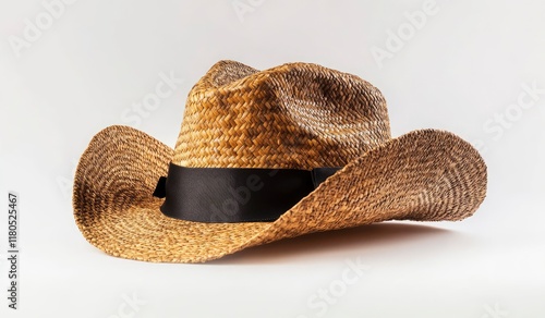 Raffia straw hat with a black ribbon on a white background. Isolated stock photo, contest winner, commercial photography, product shot, studio lighting, wide angle, side view, perspective photo