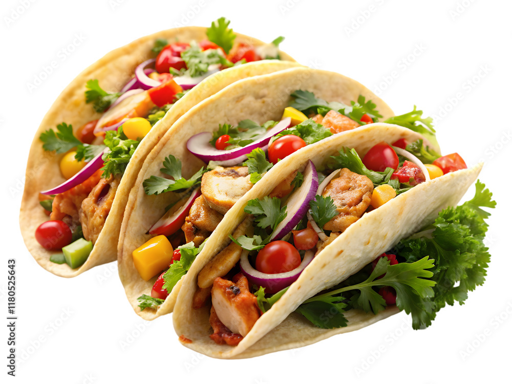 Mexican tacos with beef, tomatoes, avocado, chili and onions, isolated on a dark background. Made with generative ai Mexican tacos with beef, tomatoes, avocado, chili and onions, isolated on a dark background. Made with generative ai