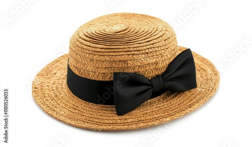 Raffia straw hat with a black ribbon on a white background. Isolated stock photo, contest winner, commercial photography, product shot, studio lighting, wide angle, side view, perspective photo