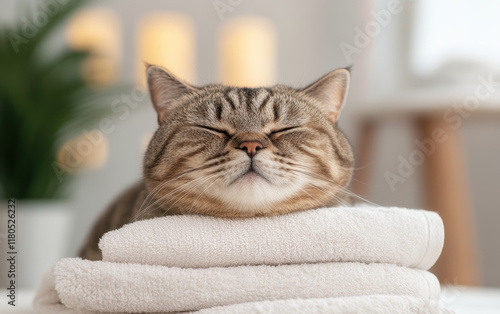 Relaxed exotic shorthair cat resting on soft towels, enjoying peaceful moment photo