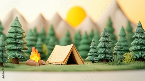 Cozy Camping Scene with Tent, Fire, and Scenic Mountains Surrounded by Lush Green Pine Trees