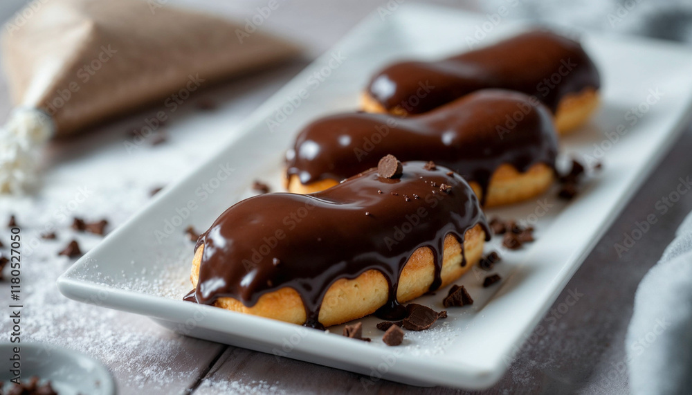 Three éclairs with glossy chocolate glaze and creamy filling, elegantly presented.
Three éclairs with glossy chocolate glaze and creamy filling, elegantly presented.