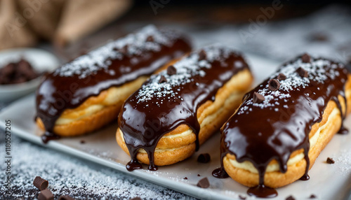 Three éclairs with glossy chocolate glaze and creamy filling, elegantly presented.






 photo