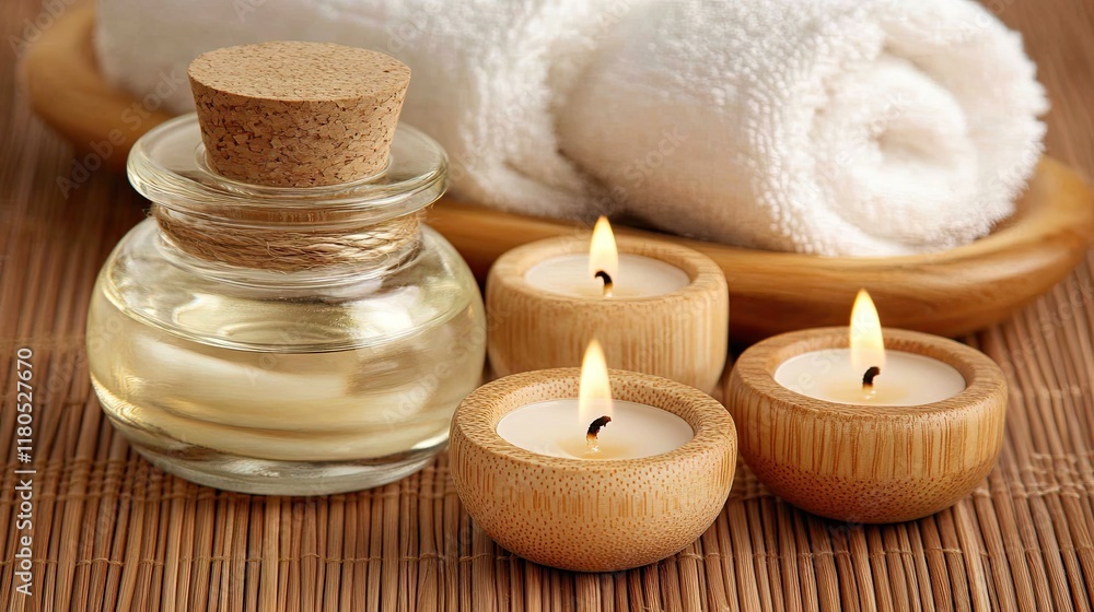 A close-up of scented candles and soft towels in a romantic couple's spa room. A close-up of scented candles and soft towels in a romantic couple's spa room.