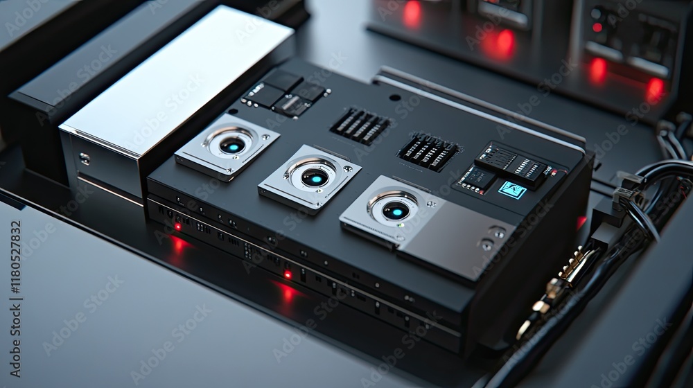 A close-up of the wiring and safety features of a modern battery backup unit. A close-up of the wiring and safety features of a modern battery backup unit.