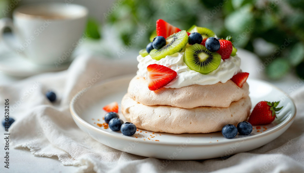 Mini pavlova with fresh fruits on a plate, set against a summery backdrop with soft greenery.
Mini pavlova with fresh fruits on a plate, set against a summery backdrop with soft greenery.