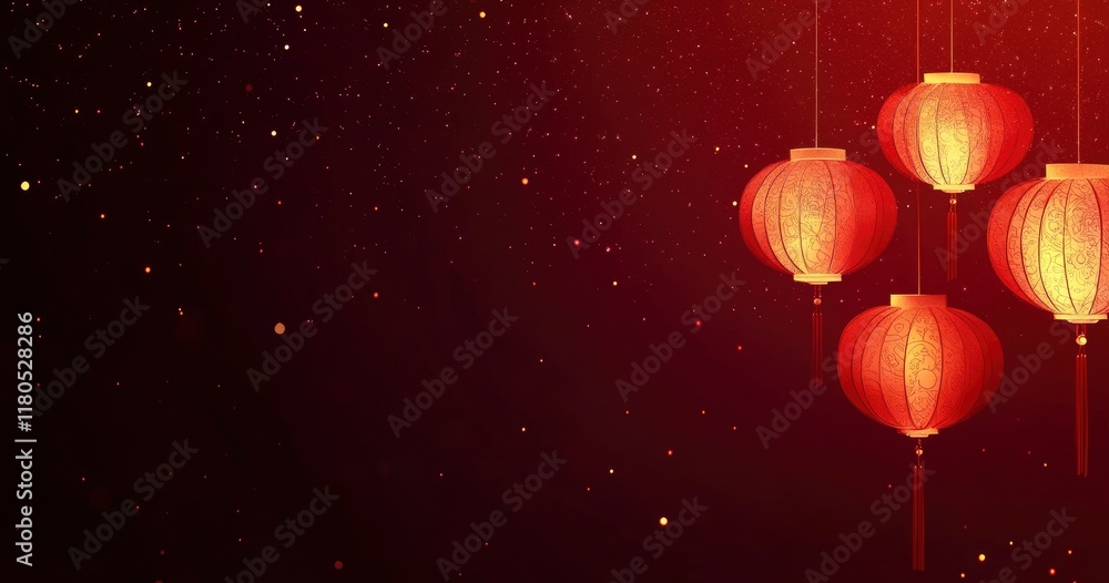 Red Chinese lanterns hanging in the night sky for the Chinese New Year celebration, in the background. Red paper-cut light lamps on a red patterned paper texture background. New Year's festival Red Chinese lanterns hanging in the night sky for the Chinese New Year celebration, in the background. Red paper-cut light lamps on a red patterned paper texture background. New Year's festival