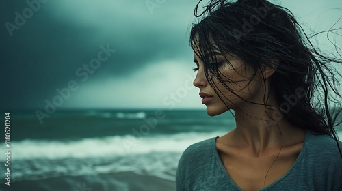 Woman, stormy beach, windblown hair, pensive mood, emotional portrait