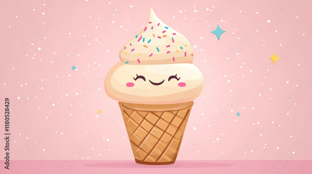 Cute cartoon ice cream cone with sprinkles on pink background. Cute cartoon ice cream cone with sprinkles on pink background.