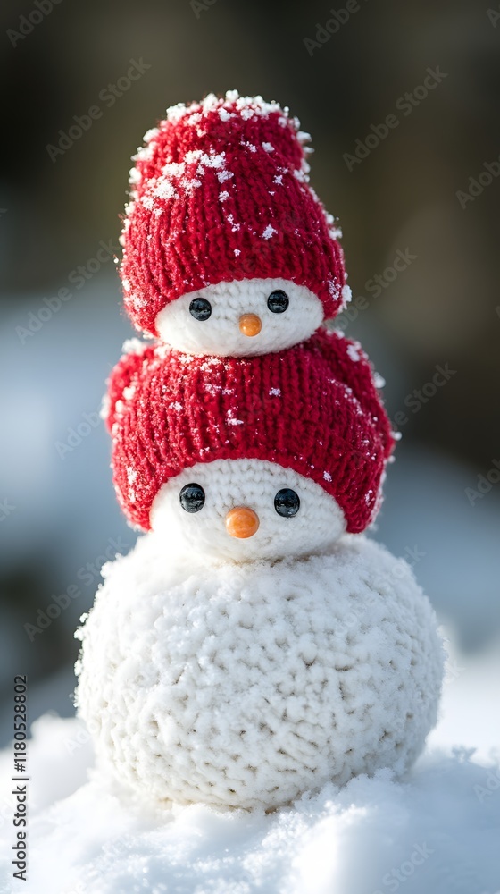 Adorable snowmen family in knitted hats on snow. Adorable snowmen family in knitted hats on snow.