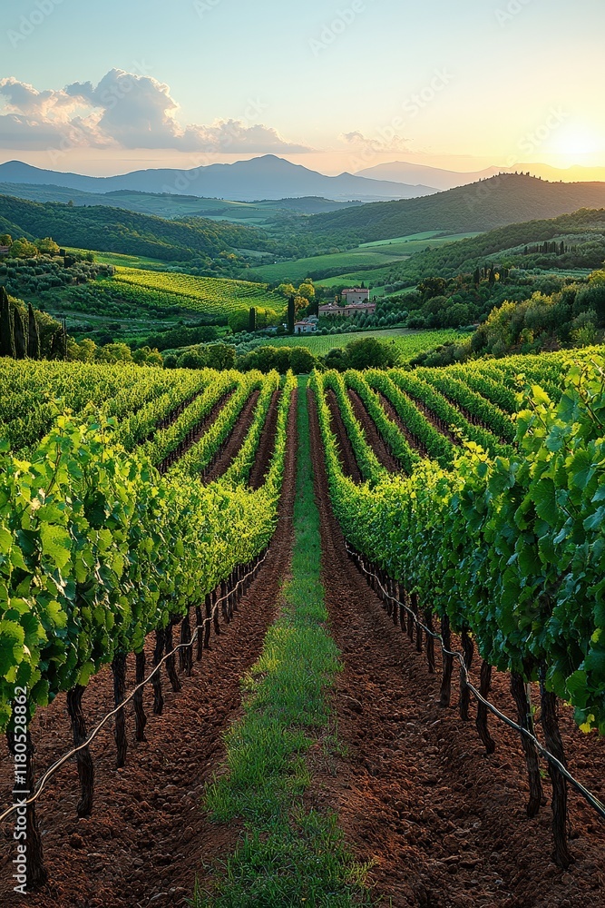Fototapeta premium Vineyard rows, sunset, Tuscan hills.