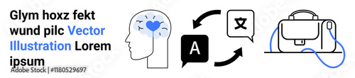 Brain with a heart, language translation icons, and briefcase. Ideal for education, translation services, mental health, business presentations, startup pitches, e-learning, travel content. Landing