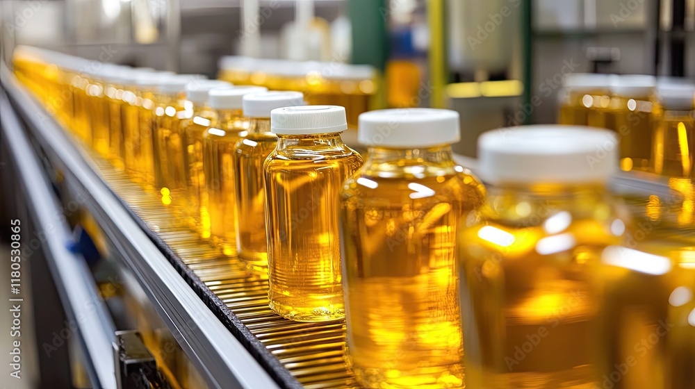 A large-scale cod liver oil production line with automated equipment and conveyor belts. A large-scale cod liver oil production line with automated equipment and conveyor belts.