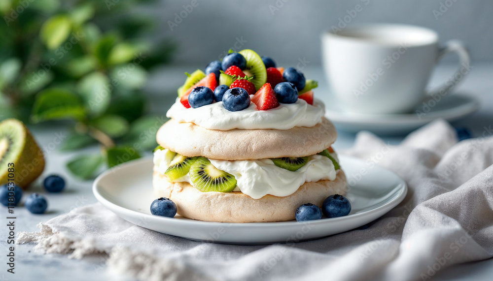 Mini pavlova with fresh fruits on a plate, set against a summery backdrop with soft greenery.
Mini pavlova with fresh fruits on a plate, set against a summery backdrop with soft greenery.