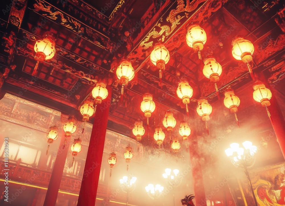 Obraz premium Red lanterns hanging in the temple at night, Chinese New Year background, real photo with high resolution. The ceiling of the place is decorated with red and yellow patterns. There were many people