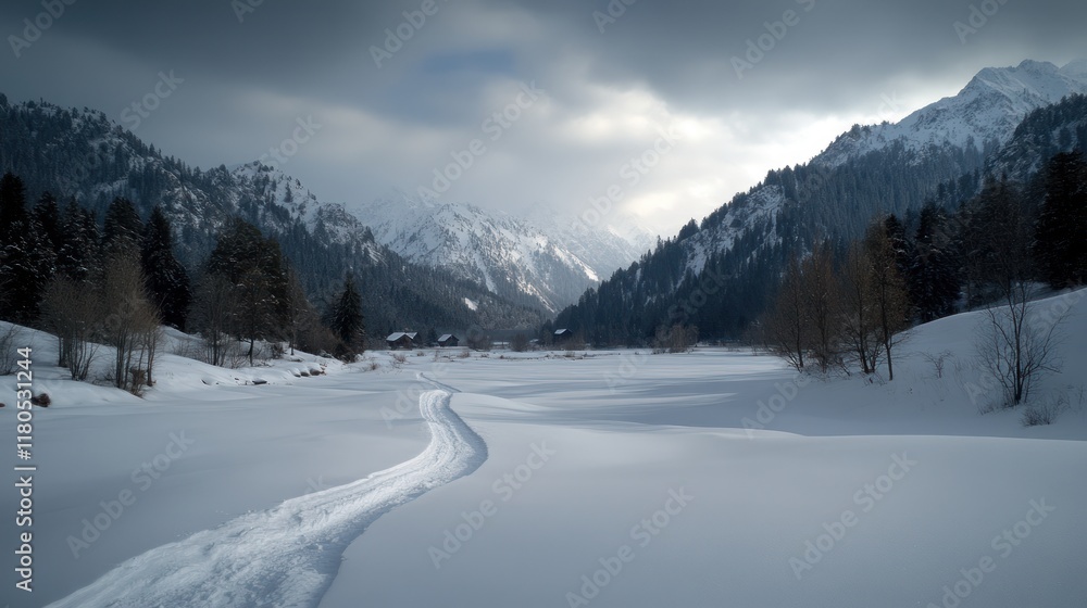 Fototapeta premium Winter wonderland: Stunning landscape blanketed in snow, capturing the serene beauty and tranquil atmosphere of a pristine winter scene with picturesque scenery and frosty