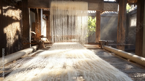 A loom in motion, weaving flax yarn into linen fabric in a traditional workshop.