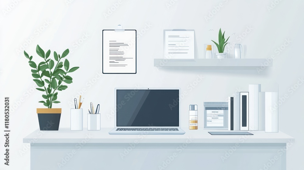 Obraz premium Minimalist workspace with laptop, plants, and documents.