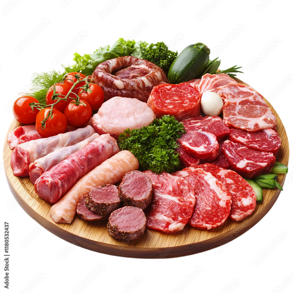 Variety of Raw Meats and Vegetables on Wooden Board beef pork lamb menu diet isolated on transparent background Variety of Raw Meats and Vegetables on Wooden Board beef pork lamb menu diet isolated on transparent background