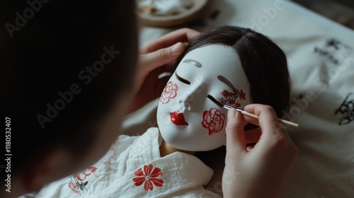 A delicate porcelain doll mask being intricately painted with floral designs, captured during the focused process of creation. photo