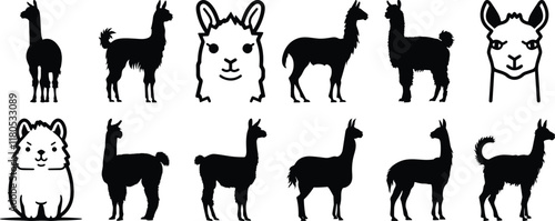 Llama silhouettes set, alpaca pack of vector silhouette design, isolated background