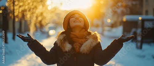 Woman enjoys winter sunset, snowy street