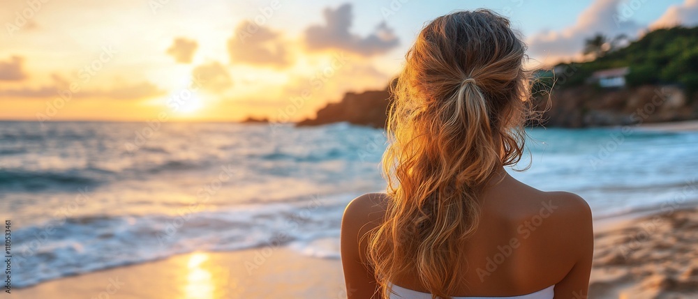 Naklejka premium Woman Contemplating Sunset Beach Scene