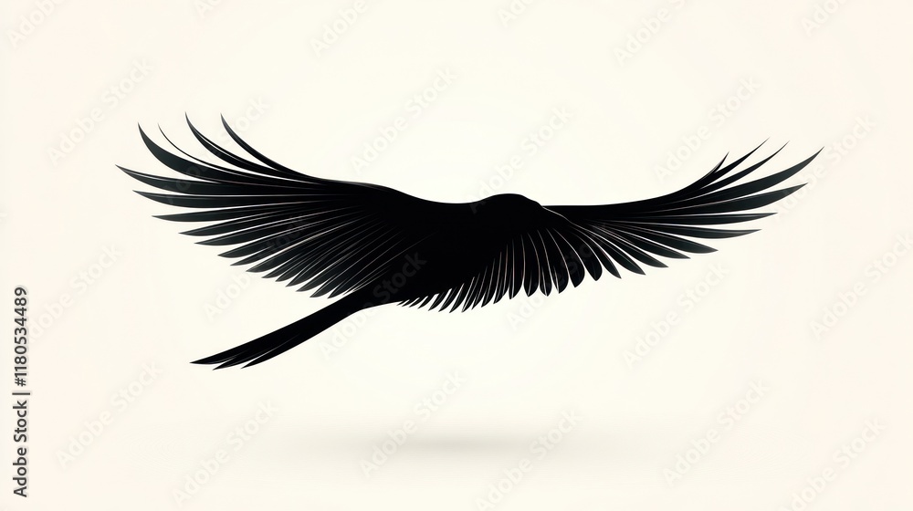 Fototapeta premium Black bird silhouette in flight, wings spread wide.