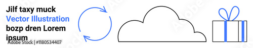 Cloud silhouette, gift box with bow, and refresh arrows beside sample text in blue and black. Ideal for technology, recycling, cloud storage, gifting, digital content, web design branding concepts