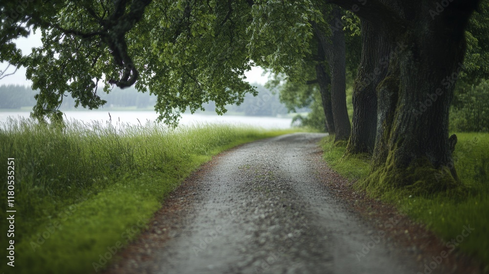 A tranquil country road, lined with lush, green trees, leads to a serene lake under an overcast sky, suggesting a peaceful journey in nature.